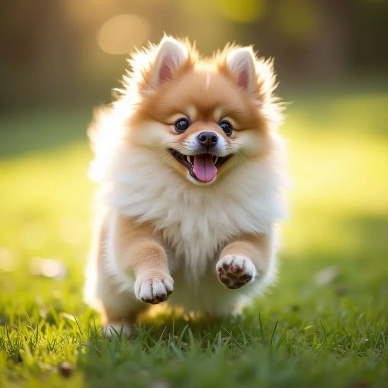  Perro Pomerania jugando en un campo verde.