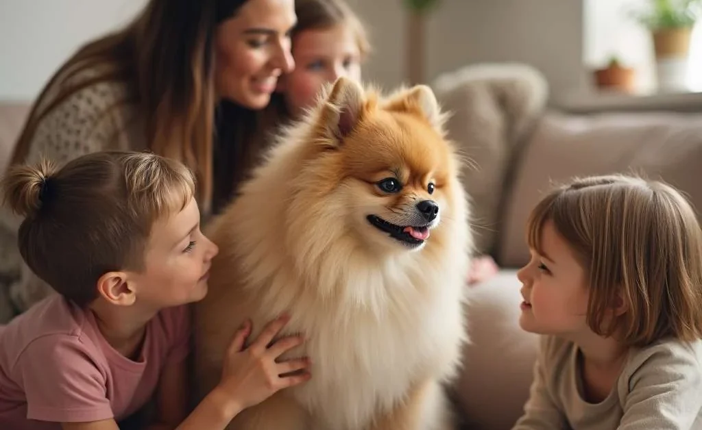 Familia jugando con un perro Pomerania en casa.