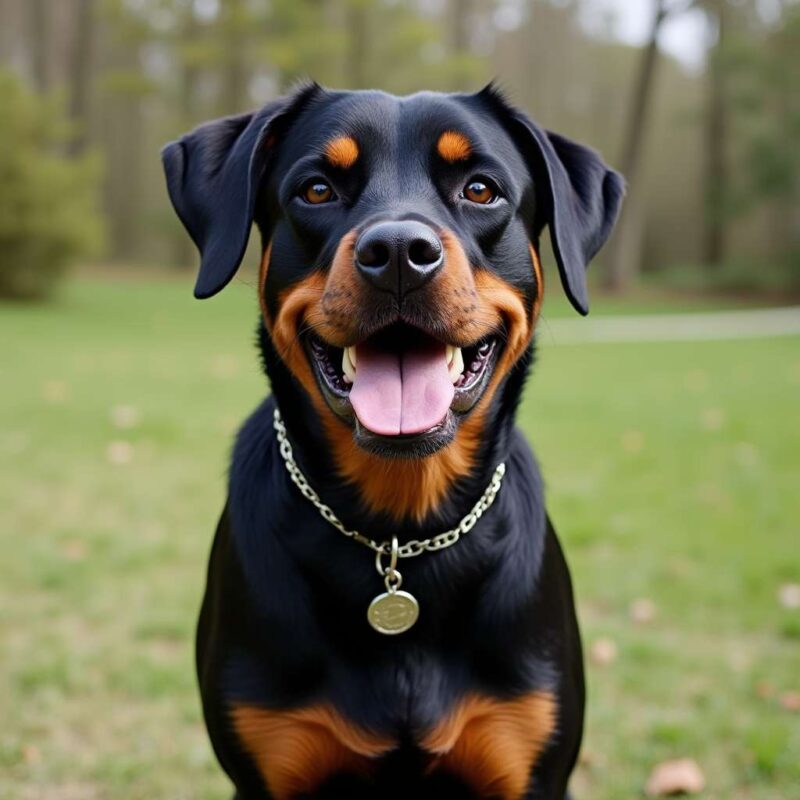 Rottweiler cachorro caminando en un parque verde rodeado de árboles y césped.