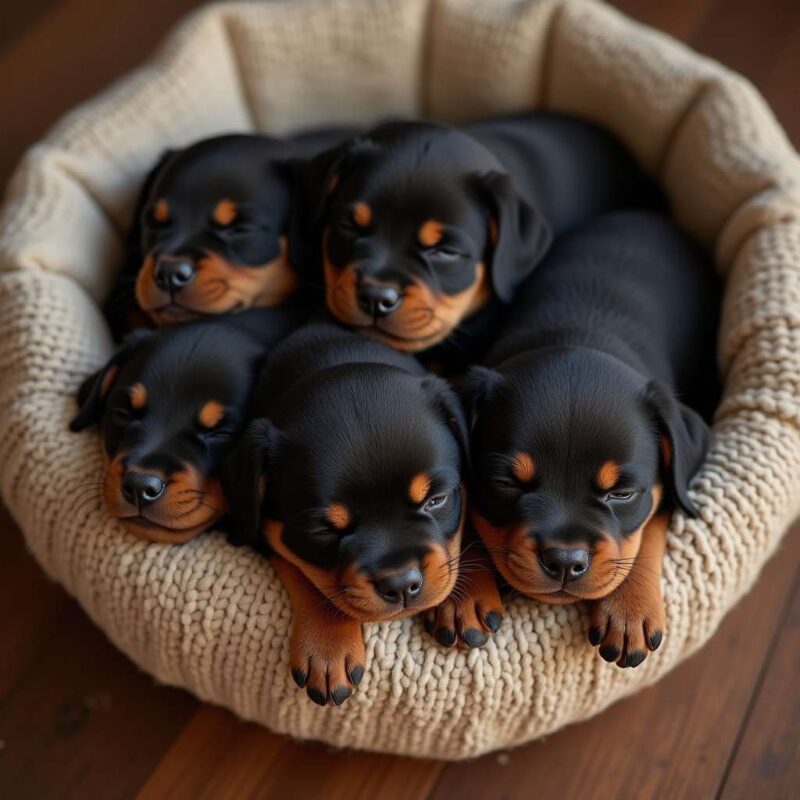 Grupo de cachorros Rottweiler durmiendo en una canasta acogedora.
