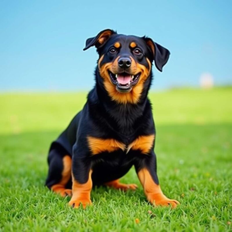 Rottweiler cachorro sentado en el césped mostrando sus colores negro y marrón.