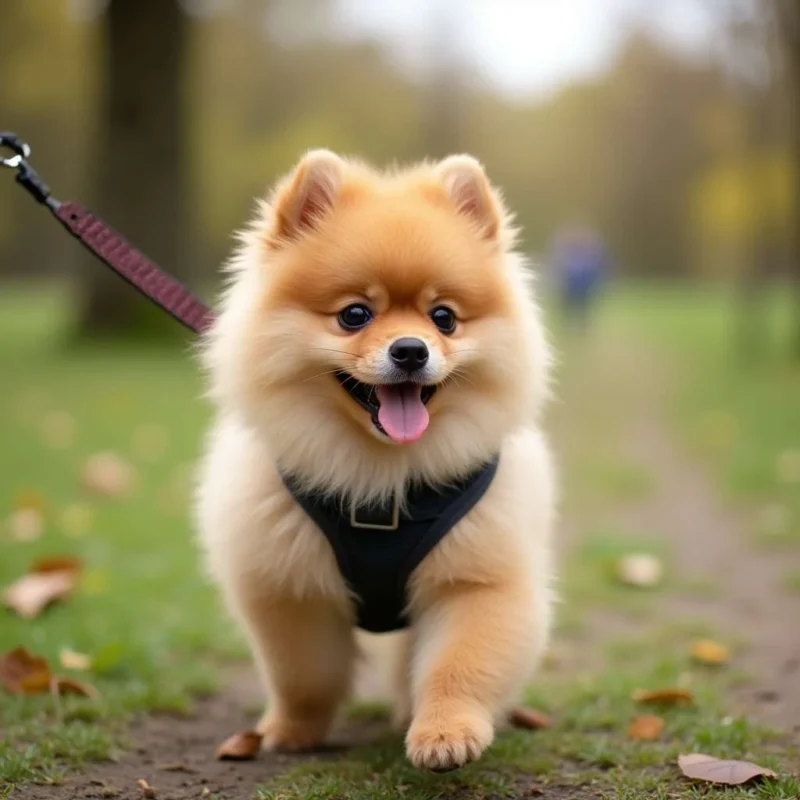 Perro Pomerania paseando con un arnés elegante en el parque