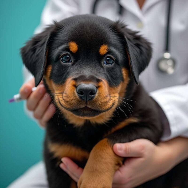 Cachorro de Rottweiler recibiendo una vacuna en el veterinario.