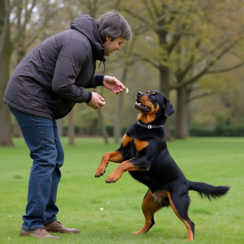 Cachorro Rottweiler aprendiendo comandos básicos en un parque.