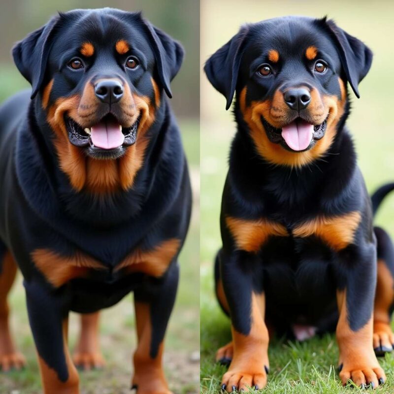 Comparación de un Rottweiler adulto y un cachorro lado a lado.