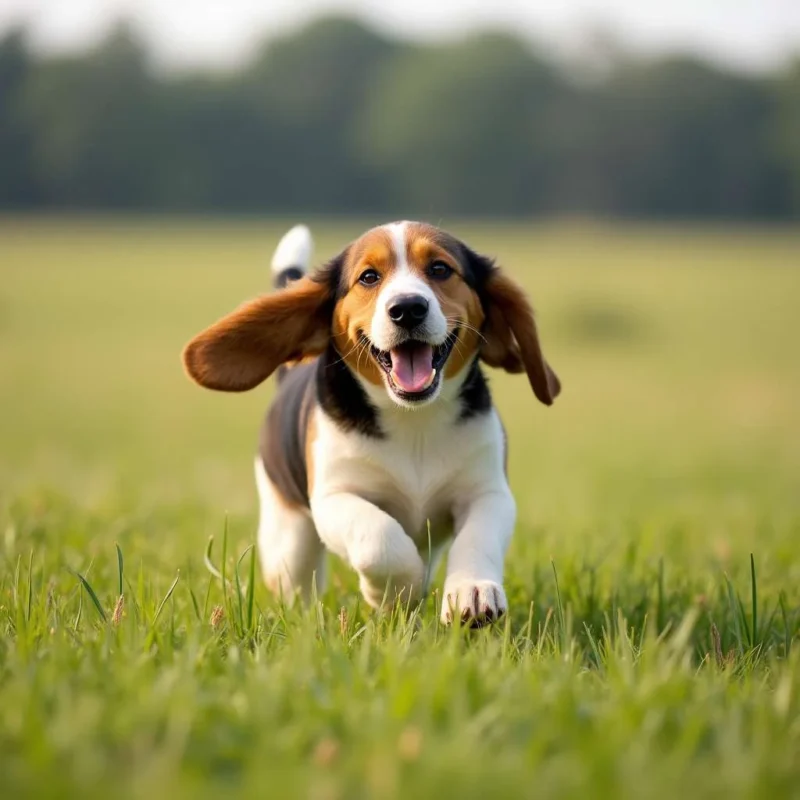 Perro Basset corriendo felizmente en un campo verde.