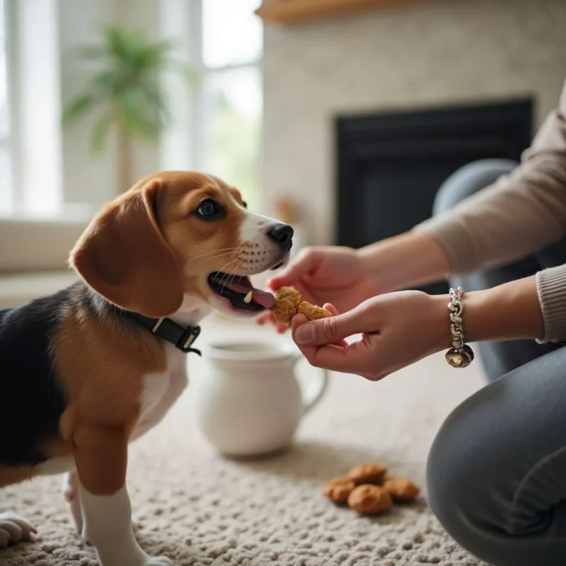 Entrenamiento de un Beagle perro con refuerzo positivo.