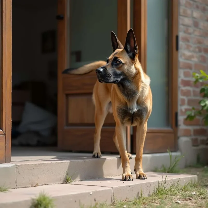 Malinois color carbón vigilando su hogar con una postura alerta y protectora.