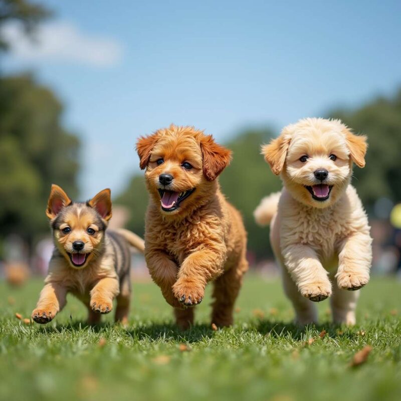 Group of caniches of different sizes playing in a park.