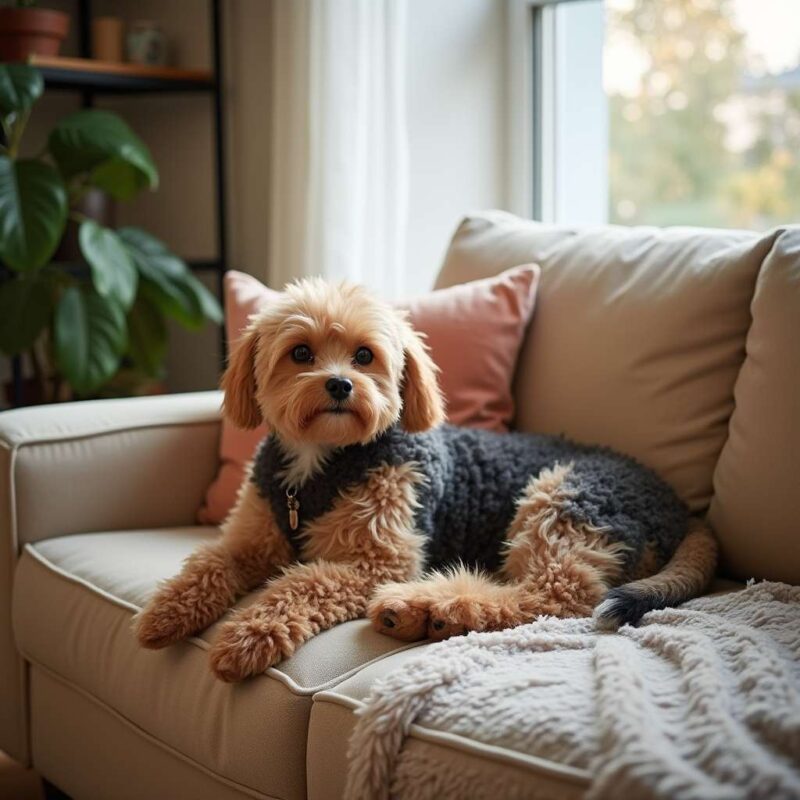 Caniche toy sitting on a sofa in an apartment.