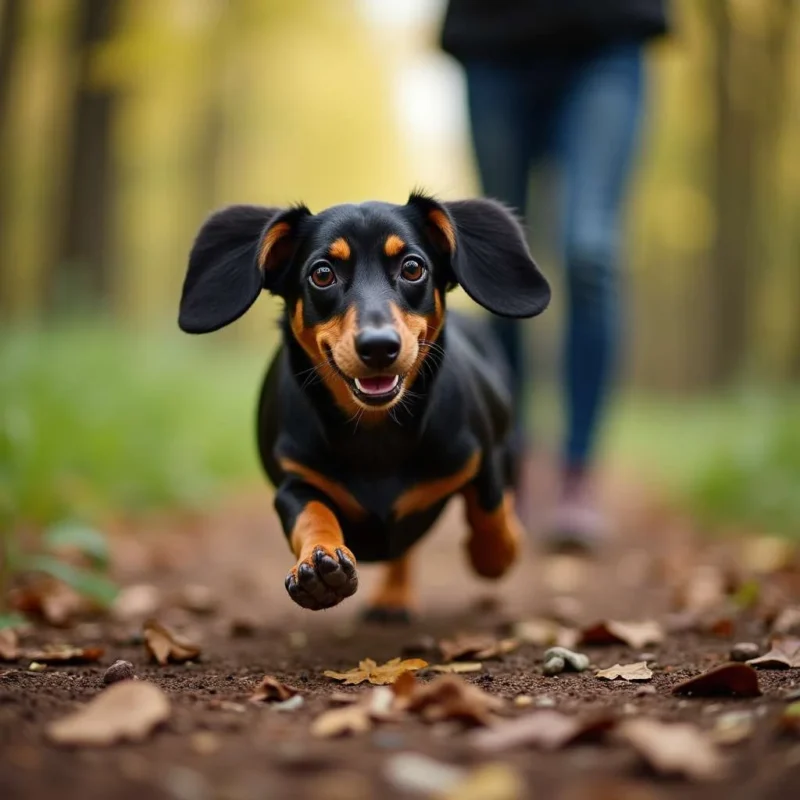 Dachshund corriendo con su dueño en el bosque