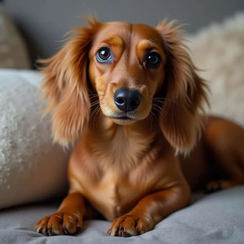 Dachshund de pelo largo sentado en un sofá