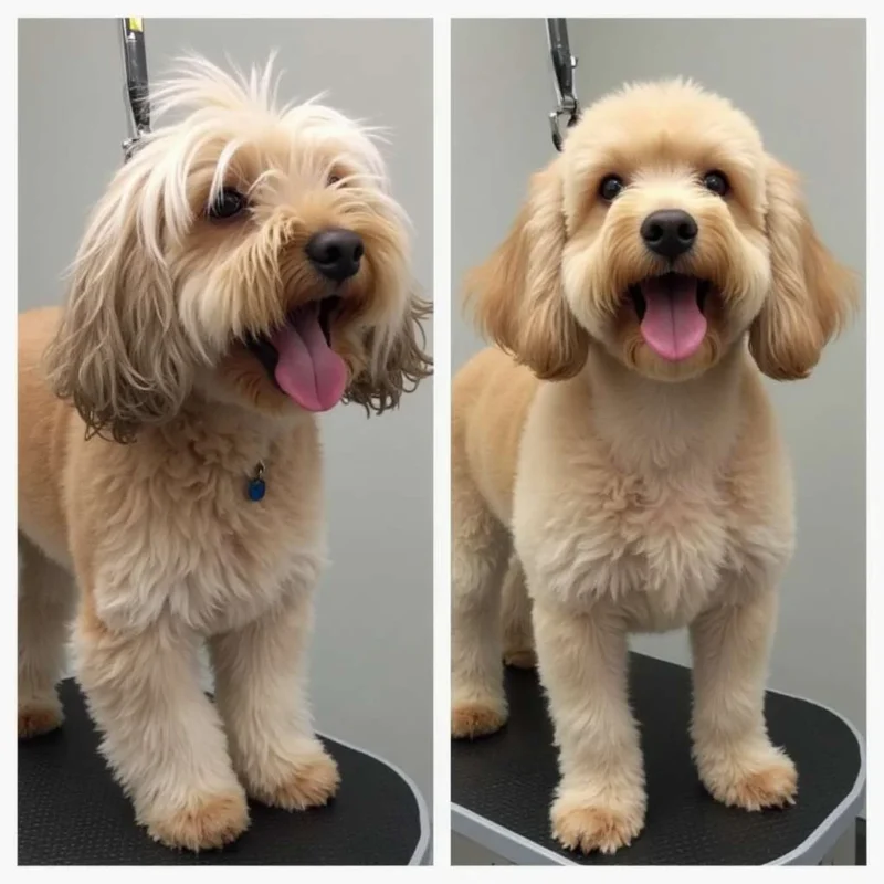 Before and after grooming transformation of a dog