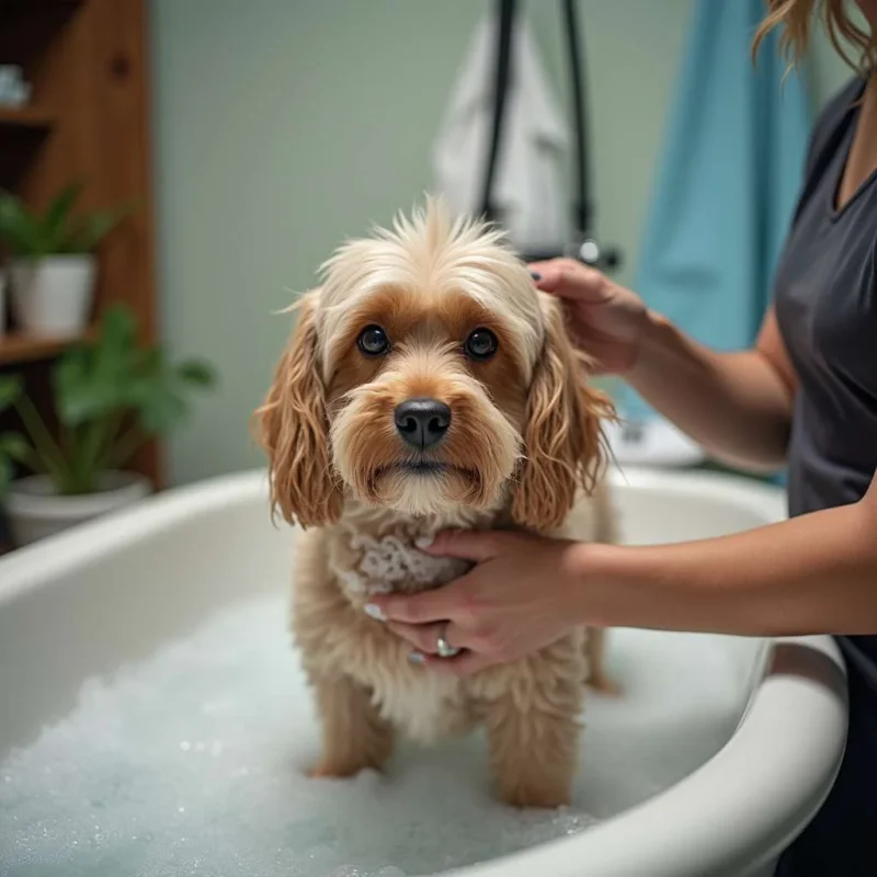 Professional groomer giving a bath to a dog in a spa setting