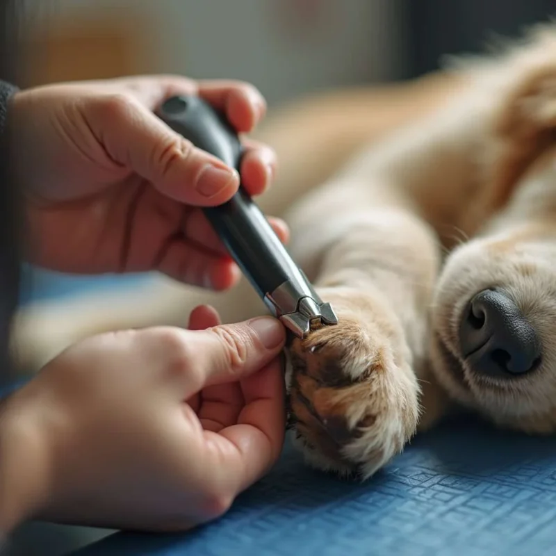  Groomer trimming a dog’s nails with clippers