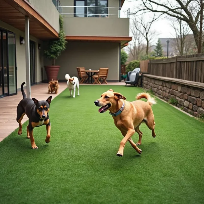 Área de juegos al aire libre en un hotel de perros con perros jugando.