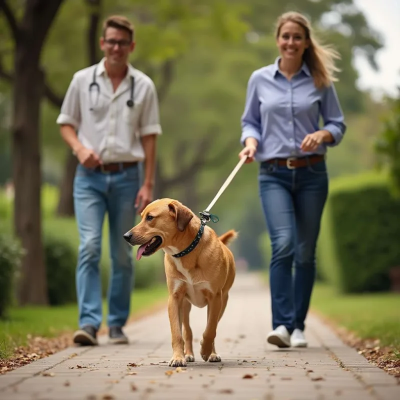 Personal paseando a un perro en un hotel de perros para una experiencia divertida.