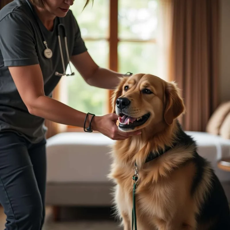 Entrenador de perros ofreciendo atención personalizada en un hotel de perros.