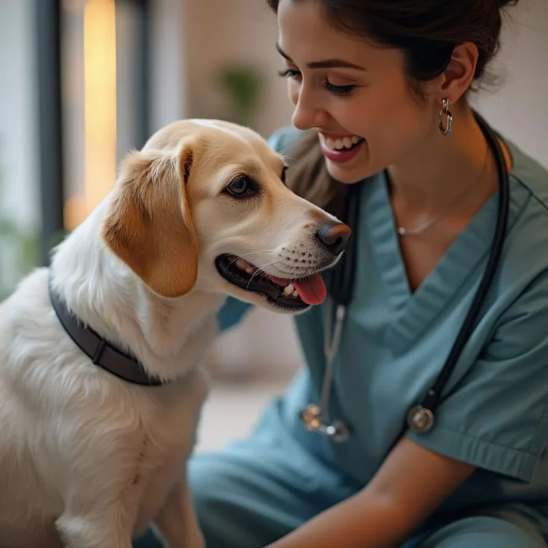 Veterinario ofreciendo atención médica en un hotel de perros.