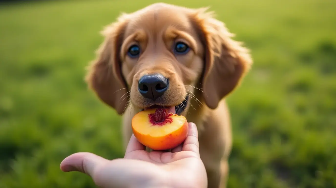 Un perrito curioso junto a un durazno fresco en una mesa los perritos pueden comer durazno