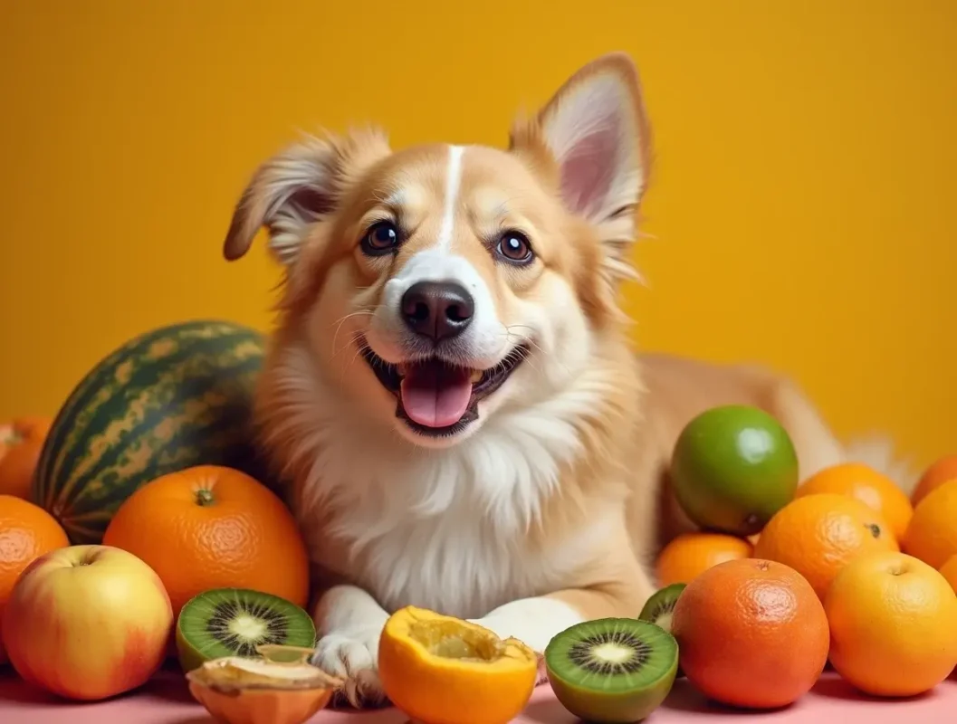 Perrito rodeado de frutas seguras como duraznos, melones y mandarinas.