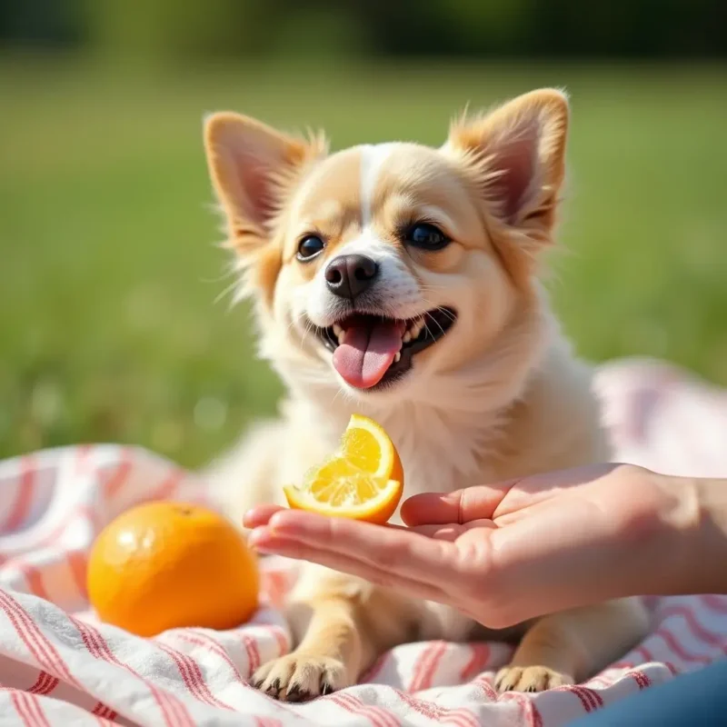 Perro pequeño con una rodaja de naranja supervisado por su dueño en un día soleado.