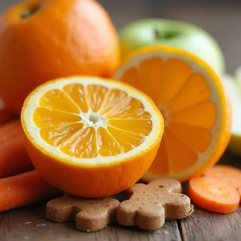 Rodajas de naranja fresca junto a snacks saludables para perros, como zanahorias y manzanas.