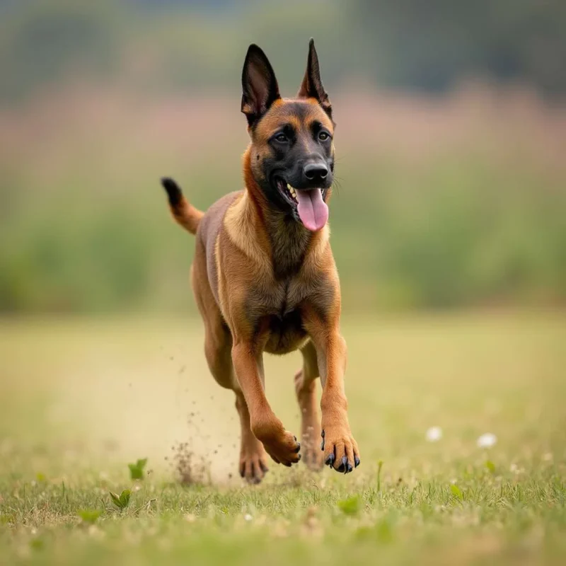 Malinois corriendo felizmente en un campo, mostrando su agilidad y energía.