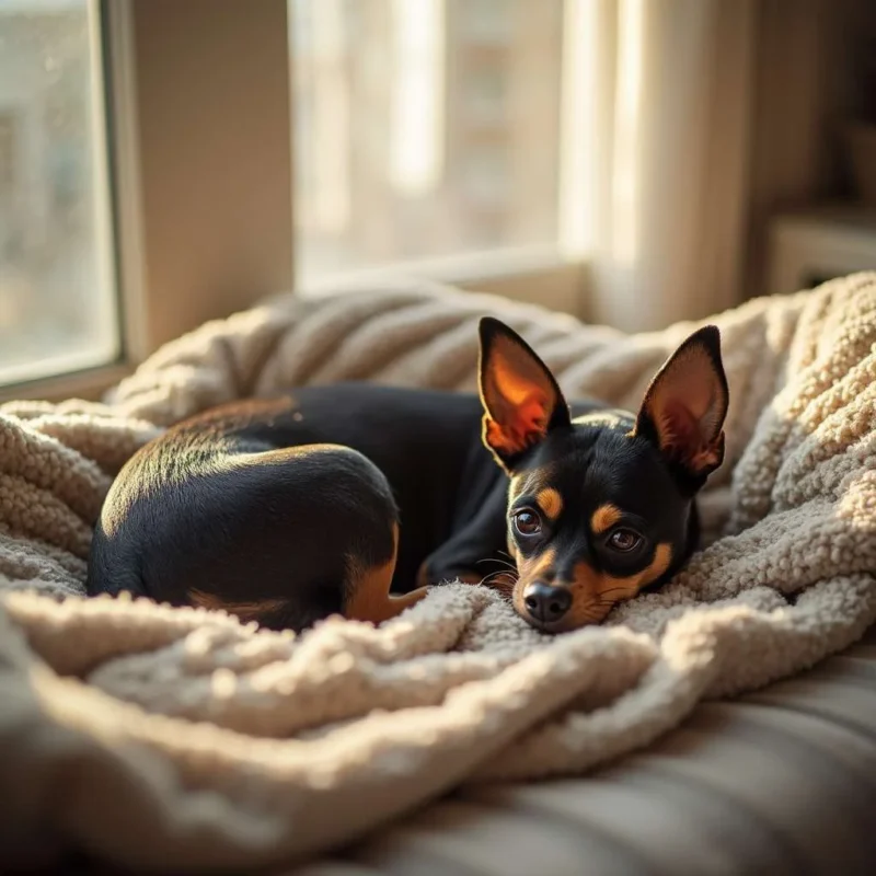 Mini Pinscher descansando sobre una manta cerca de una ventana con luz natural.