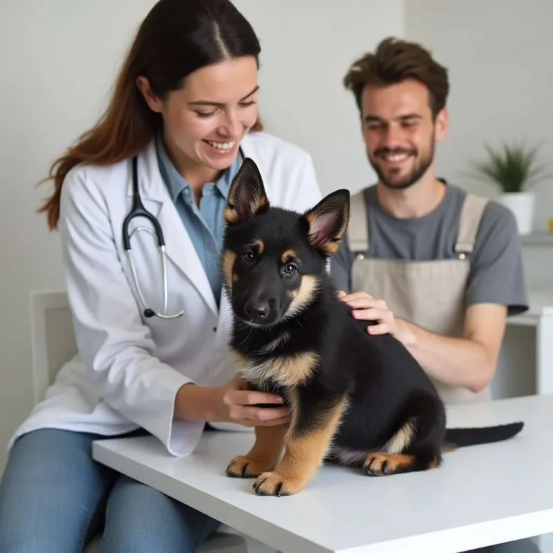 Veterinario revisando la salud de un Pastor Belga Cachorro.