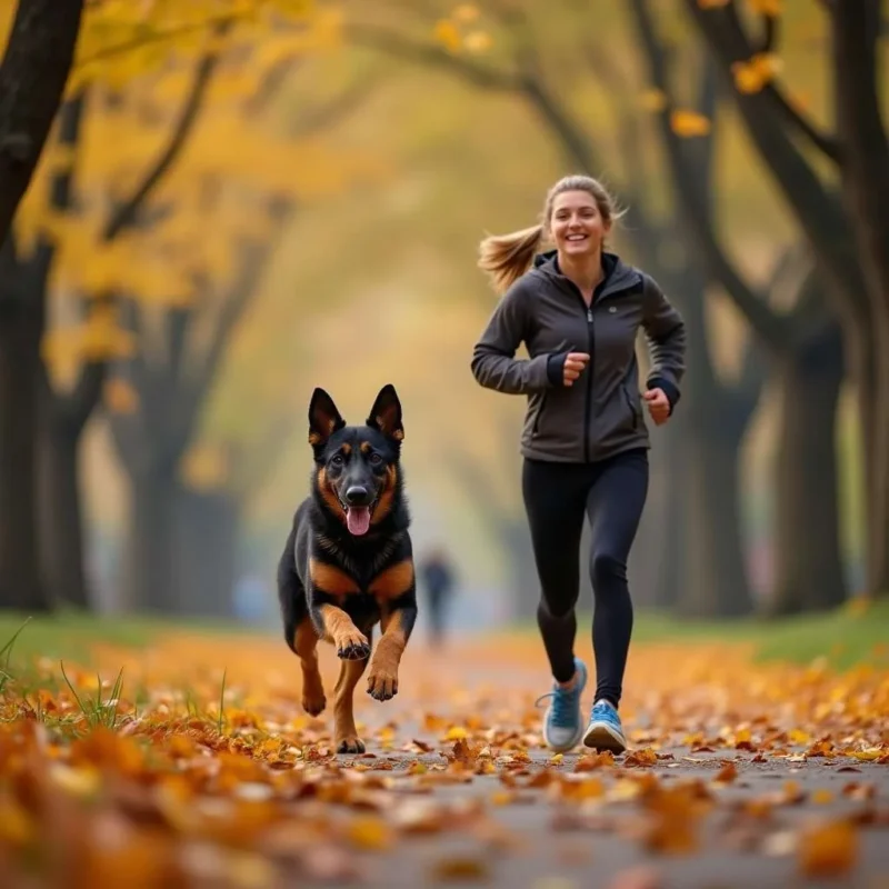 Pastor Belga Cachorro corriendo junto a su dueño durante un ejercicio matutino.