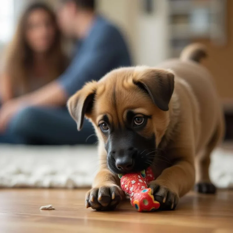 Cachorro de Malinois jugando con su juguete en un entorno familiar, feliz y saludable.