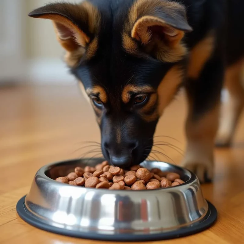 Alimentos nutritivos para un Pastor Belga Cachorro en su plato.