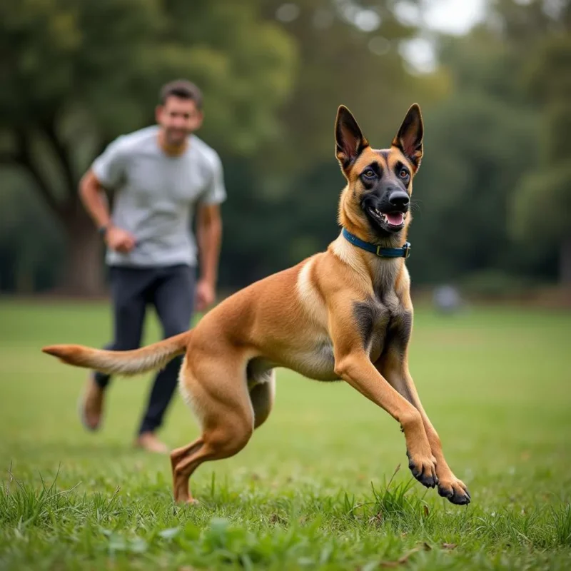 Malinois entrenando en agility con su dueño, demostrando concentración y habilidades.