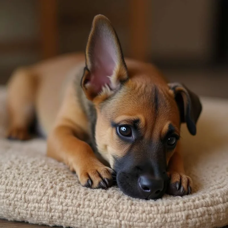 Cachorro de Malinois descansando tranquilamente, con orejas grandes y pelaje marrón claro.