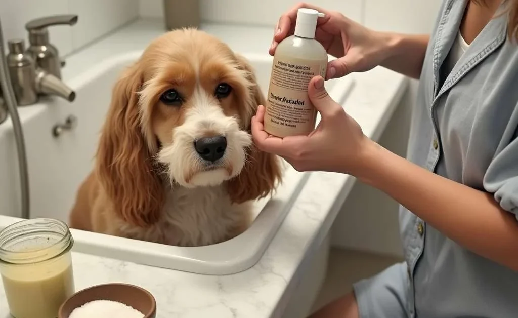 Pet owner giving a dog a bath with homemade shampoo