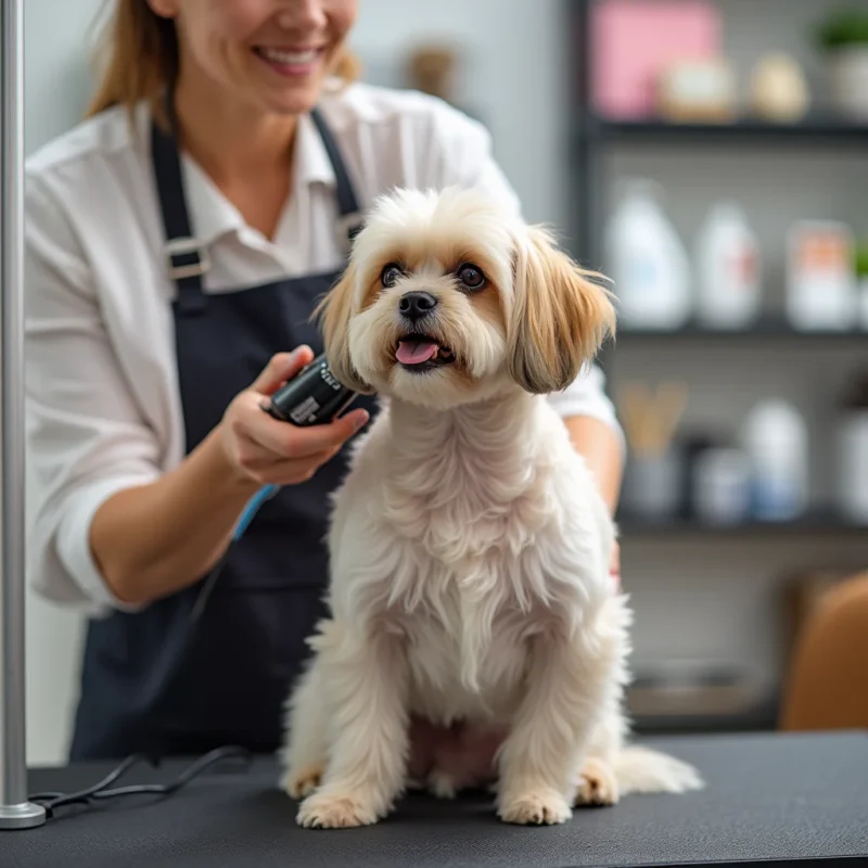 Sesión profesional de peluquería canina con un Shih Tzu.