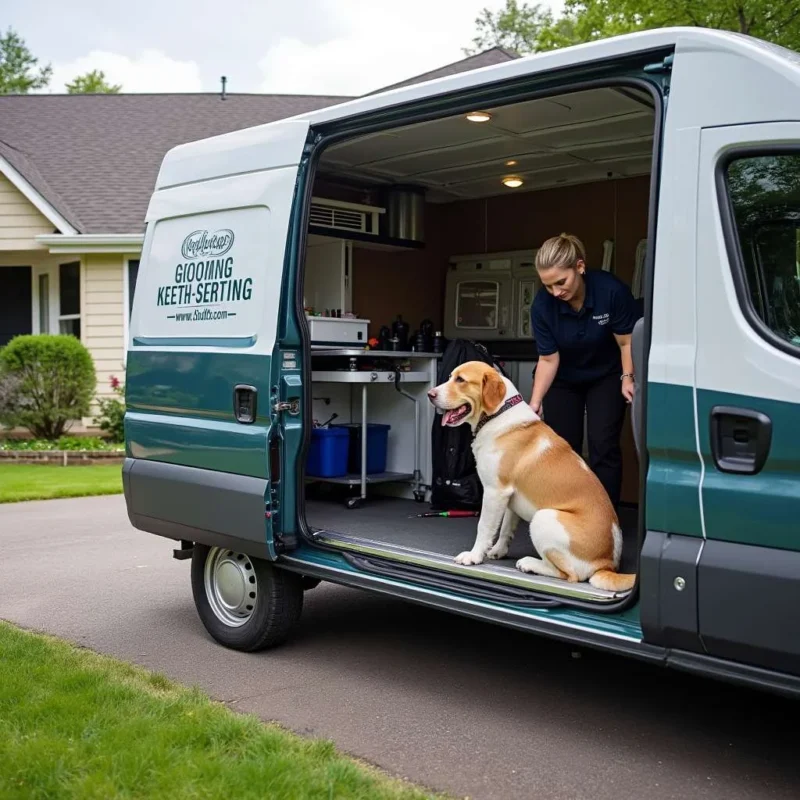 Mobile grooming service van preparing for a dog grooming session
