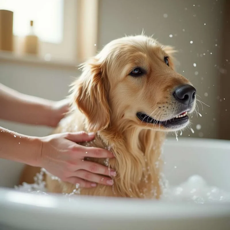 Baño en casa para un perro como parte del cuidado canino.