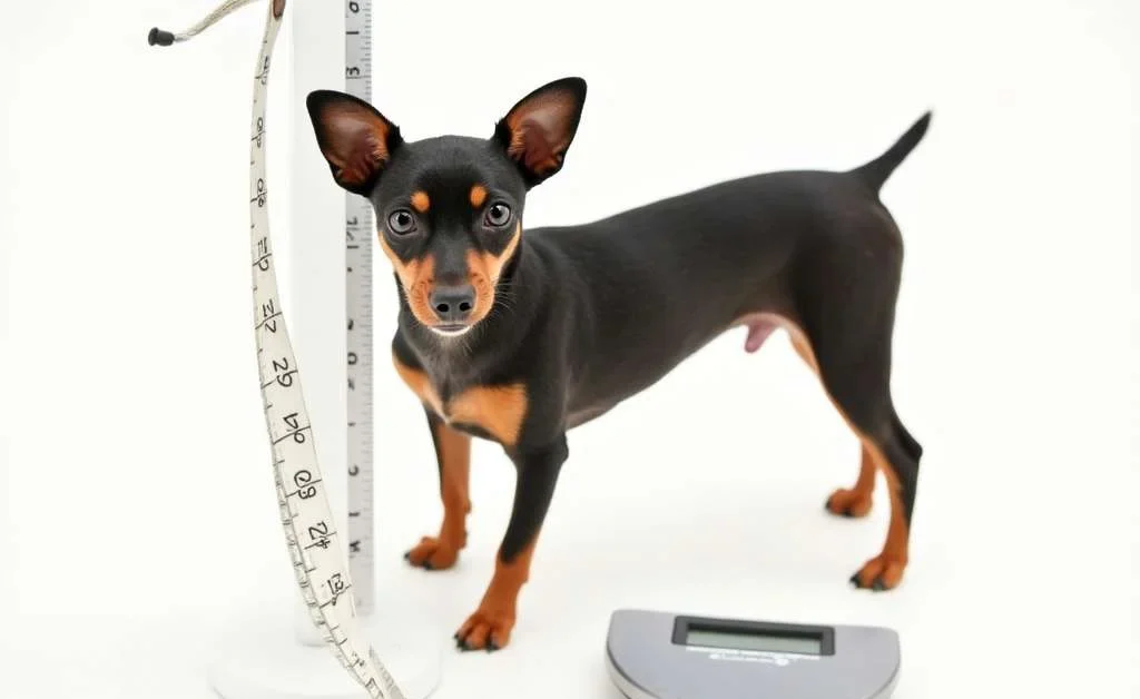 Mini Pinscher junto a una cinta métrica y una báscula.