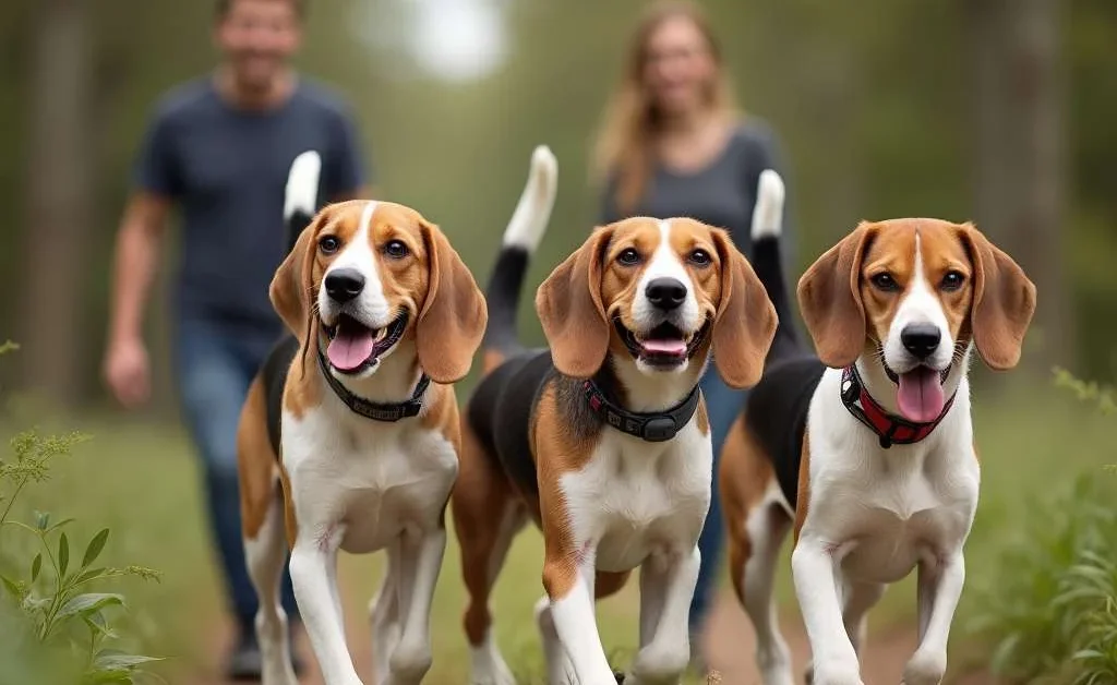 Beagles disfrutando de una caminata al aire libre con sus dueños.