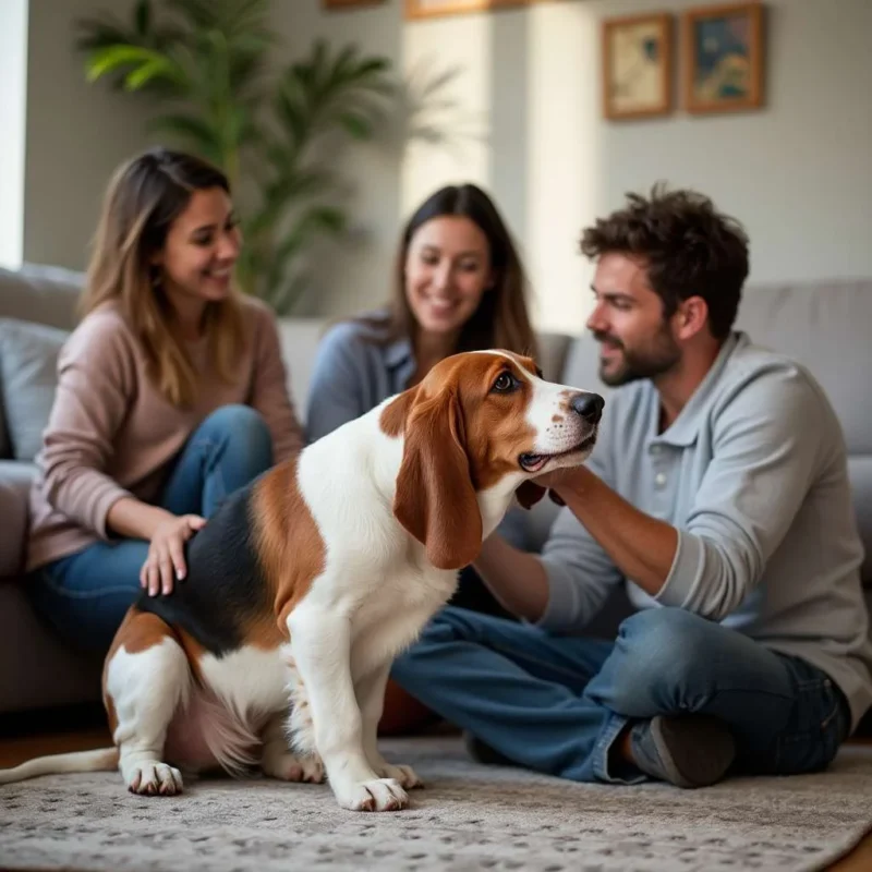 Familia jugando con su perro Basset en el salón.