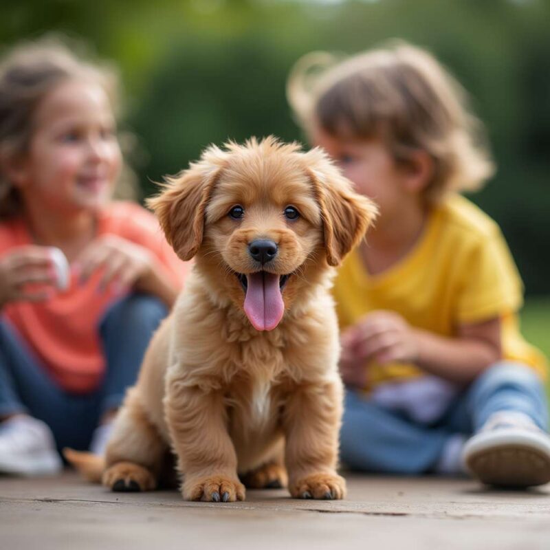 Caniche playing with children in the yard.