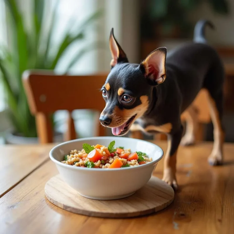 Mini Pinscher mirando un tazón de comida con proteínas, verduras y arroz.