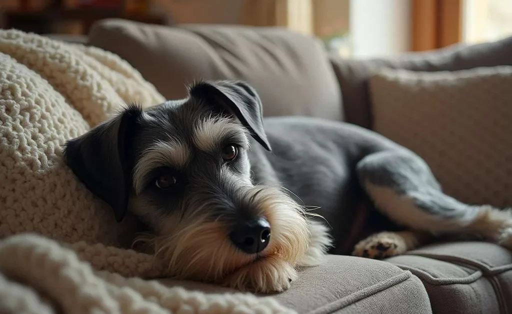 Schnauzer mediano descansando en un sofá