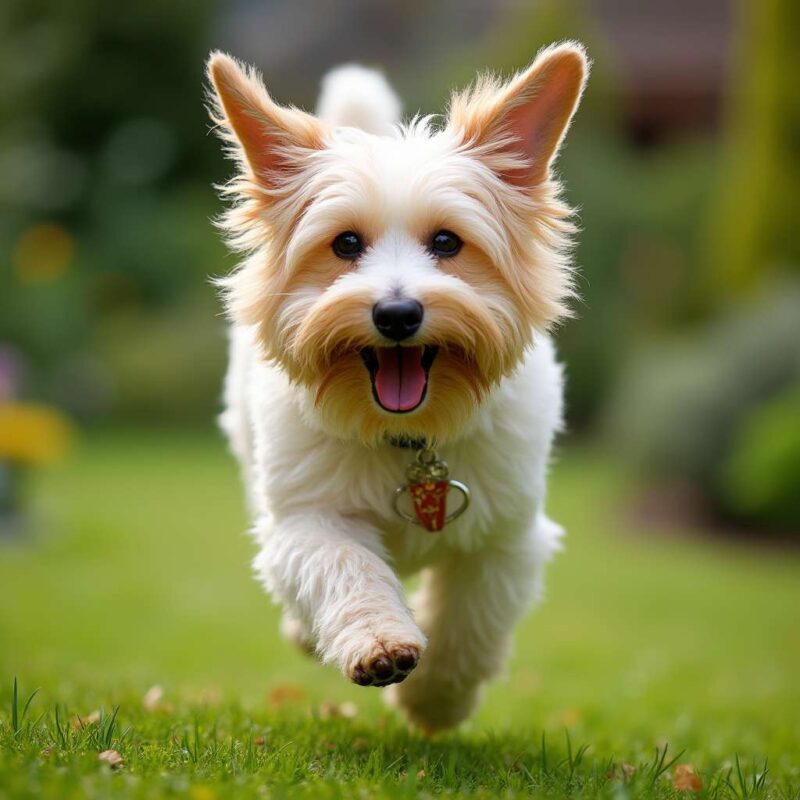 Royal caniche running in a garden.