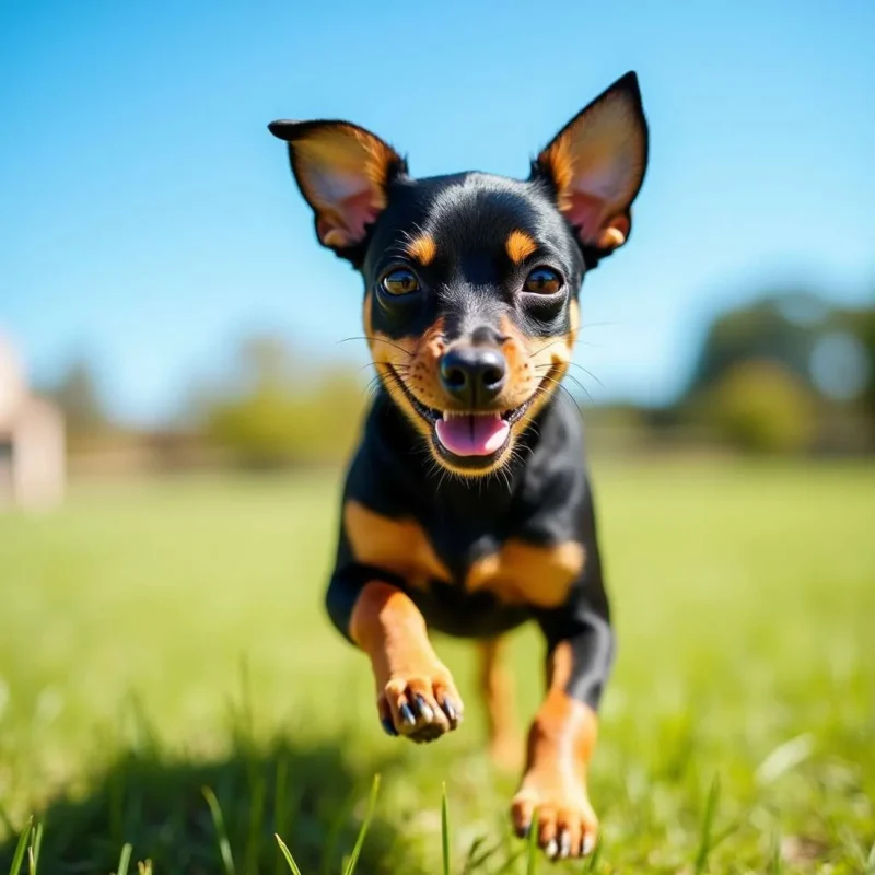 Mini Pinscher corriendo en un campo verde bajo el cielo azul.