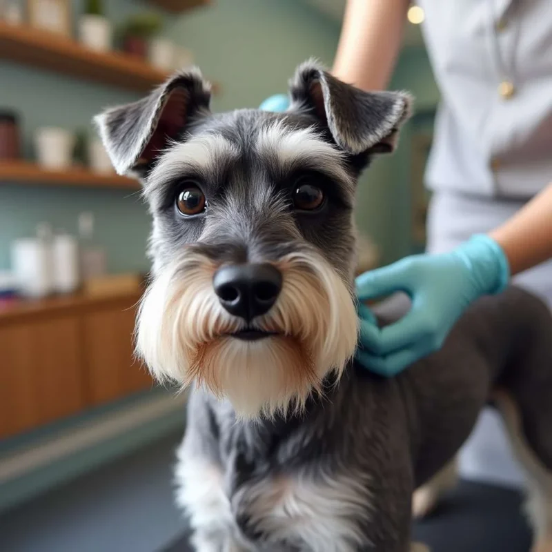 Schnauzer mediano en una sesión de peluquería