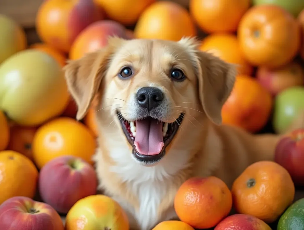 Perrito rodeado de frutas seguras como duraznos, melones y mandarinas.