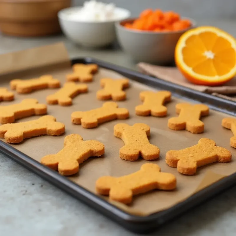 Galletas caseras de naranja y zanahoria en una bandeja de hornear con ingredientes frescos alrededor.